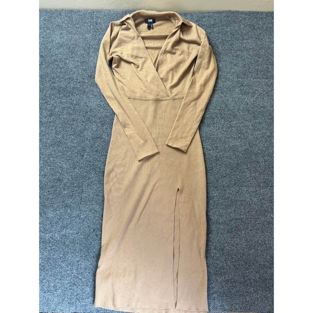 PAIGE Raundi Sweater Dress Womens XS Tan Camel Wrap V-Neck Ribbed Midi Slit
